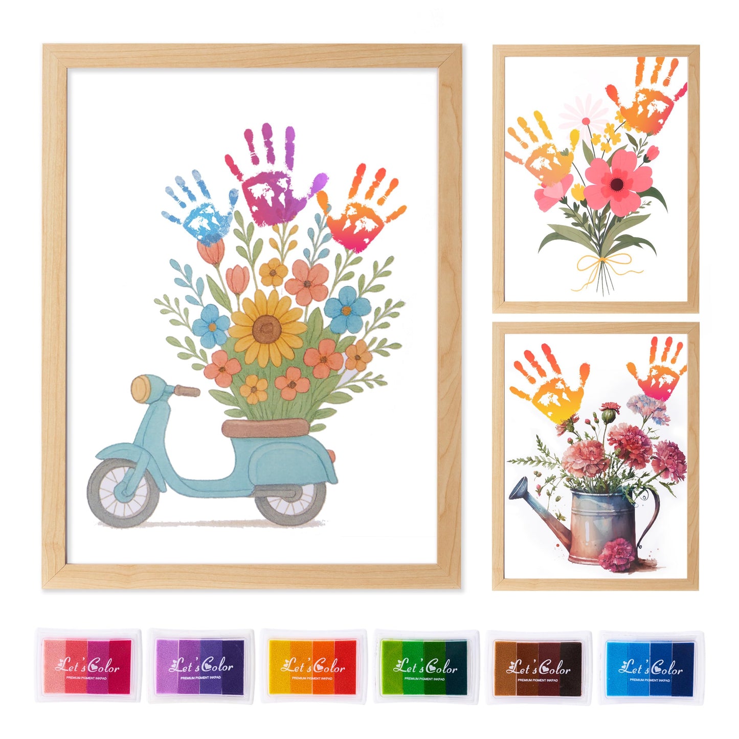 CHERRY CHEERS Flower Bouquet Handprint Art Kit, 3 Special Unique Sheets with Floral Design, DIY Keepsake Craft Gift, Meaningful Christmas or Thanksgiving Gift, 6 Colors Non-toxic Inkpads