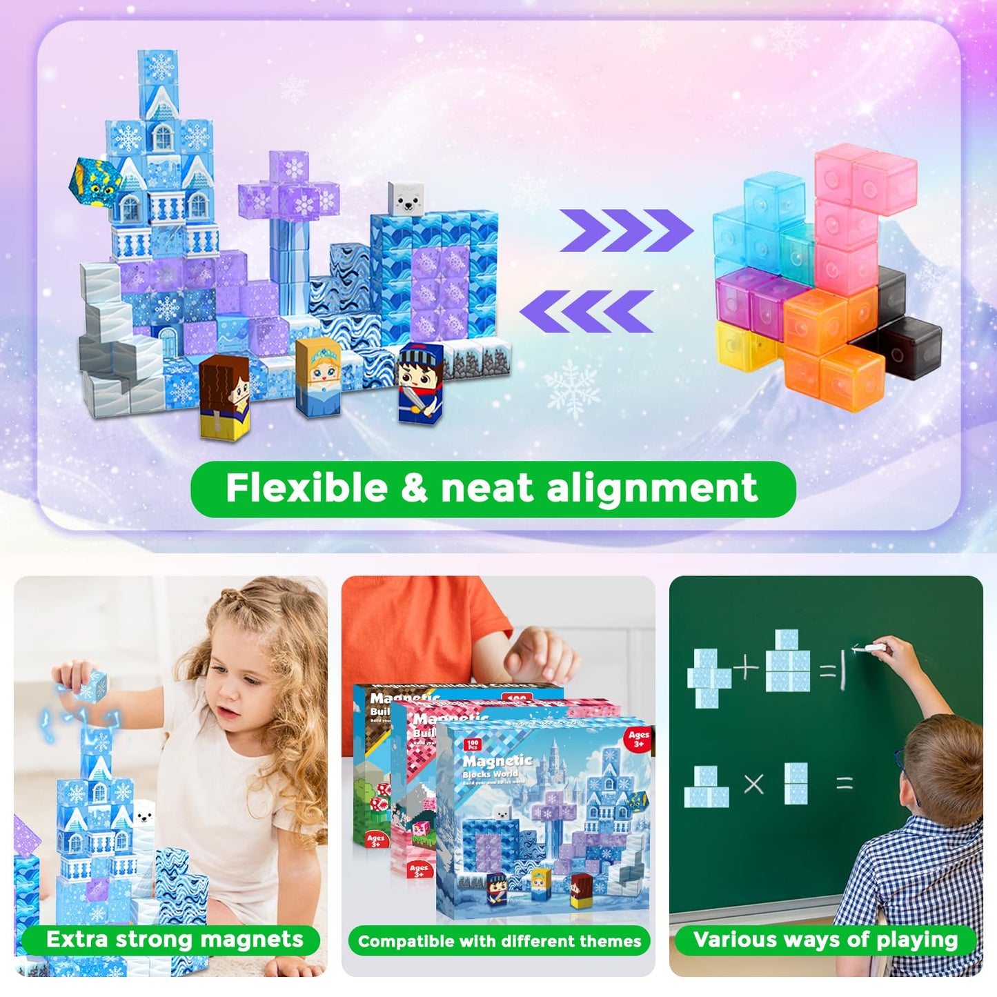 Magnetic Blocks - 100Pcs 0.8in Magnetic Building Block for Kids Ages 4-8, Transparent Magnet Block Blue Princess Castle, Magnet Cubes Tiles Princess Toy for Girl 3 4 5 6 7 8-12 Birthday Gift