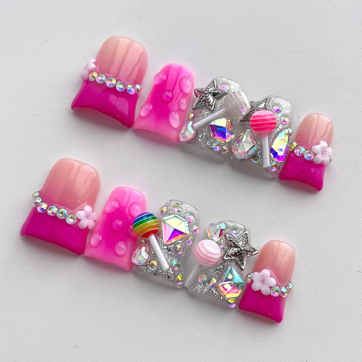 French Tip Press on Nails Handmade Short Duck 3D Thick Acrylic Nails Cute False Nails with Lollipop Stars Flower Designs Pink Glossy Fake Nail Sturdy Art Press on Nail 10Pcs(S)
