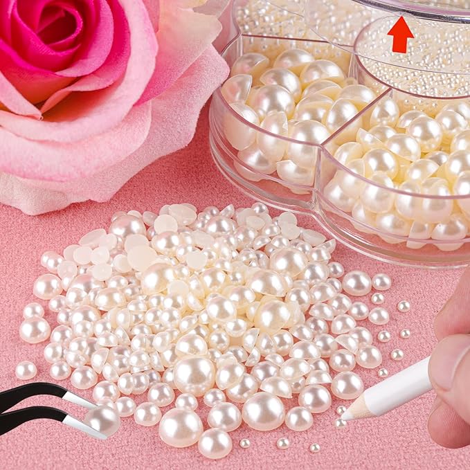 Nail Art Flat Back Half Round Pearl Kits 8, 1 Box of 2400 Pcs Flat-Back Beige Pearl with Tweezer and Picker Pencil for Home DIY Nails Body Face Craft and Salon Use