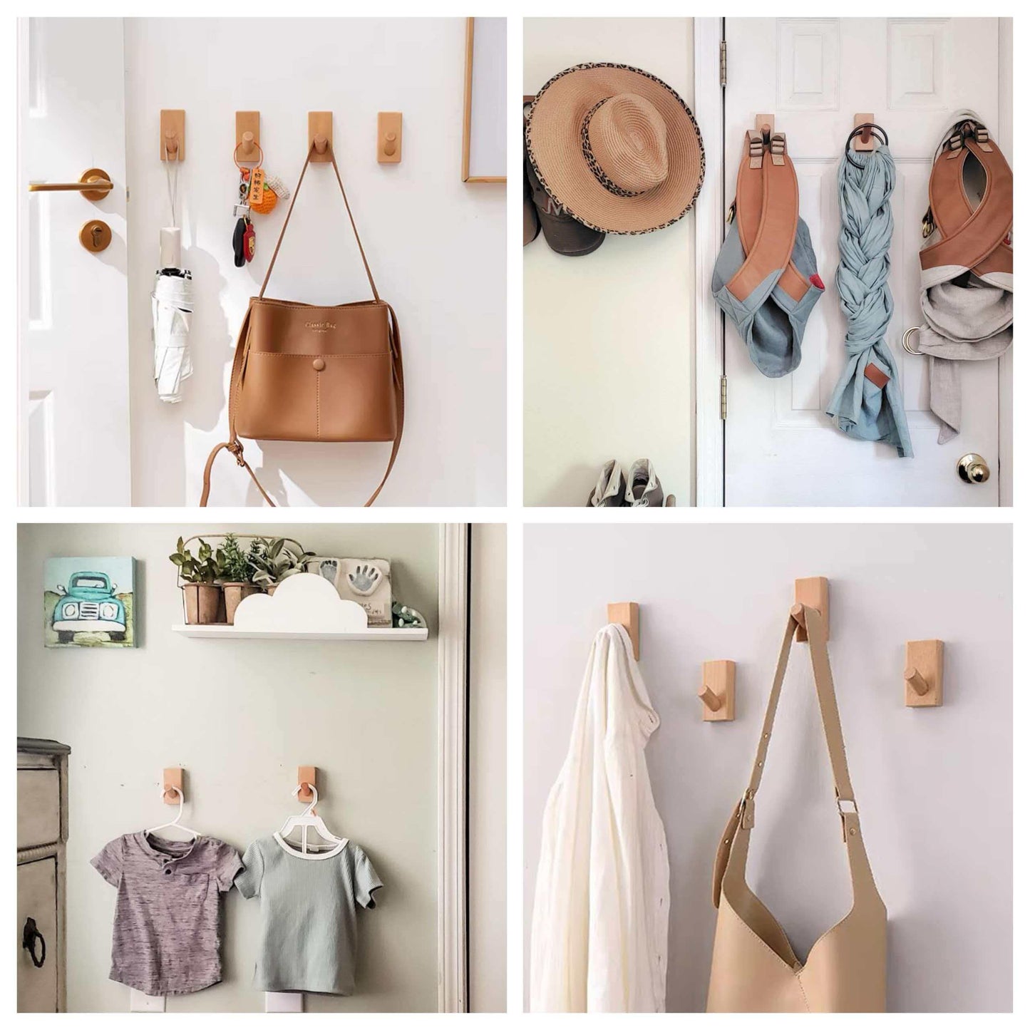 HomeDo 4Pack Adhesive Wall Hooks Hat Rack, Wooden Coat Hooks Wall Mounted, Decorative Hooks Single Organizer Hat Hanger Towel Rack, Heavy Duty Hooks (Rectangle-Beech,4P)