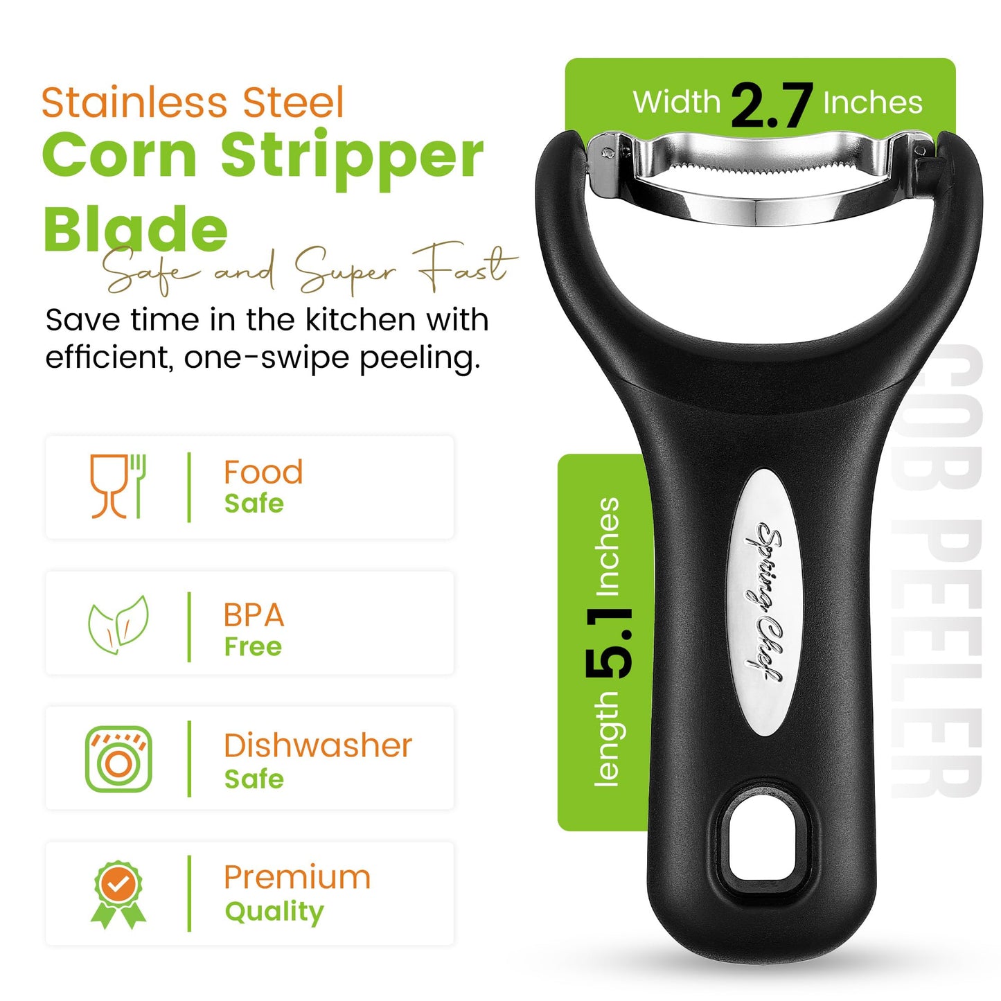 Spring Chef Stainless Steel Corn Peeler – Corn on the Cob Stripper Tool – Durable & Efficient Kernel Remover Tool – Easy to Use Kernel Cutter - Dishwasher Safe Kitchen Gadget - Set of 2 - Black