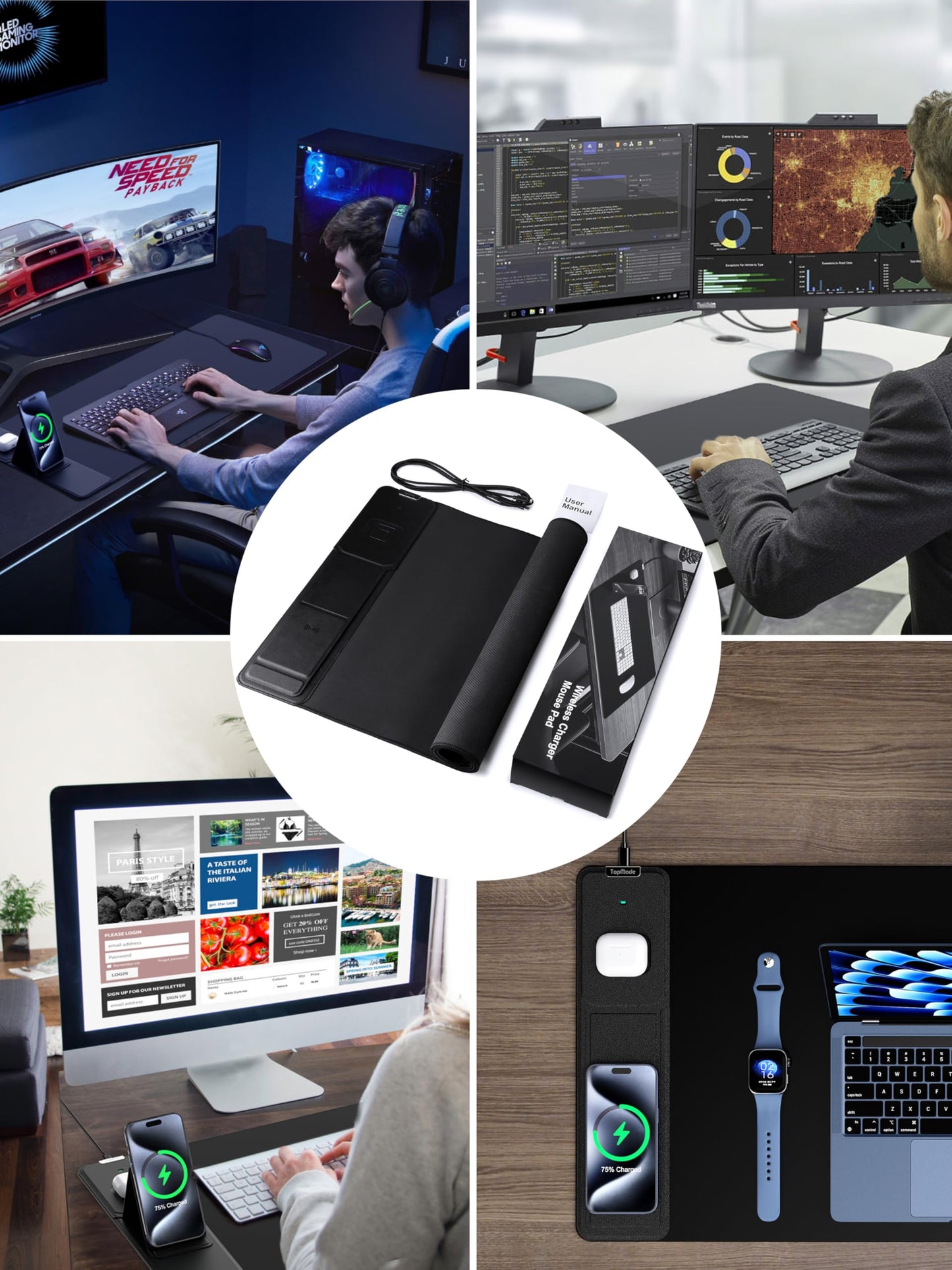TopMade 4-in-1 Mouse Pad with 15W Wireless Charging, Foldable Phone Holder, 31.5" x 15.75" XXL Large Desk Pad, Gaming Mousepad with Ultra-Smooth Surface, Non-Slip Base, Waterproof Desk Mat, Black