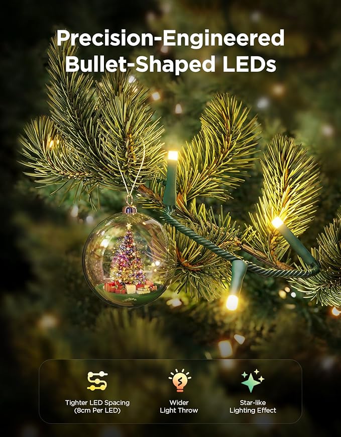 Govee Christmas Sparkle String Lights 99ft, RGBWIC String Lights with 375 Bullet-Head LEDs, App-Controlled, 140+ Scene Modes, 3D Shape Mapping, Works with SmartThings, Indoor Holiday Decorations