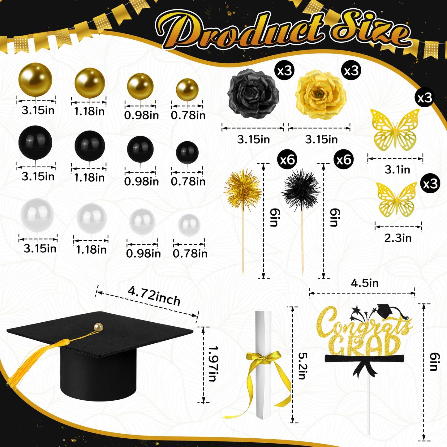 39 Pcs Graduation Cake Kit Includes Felt Graduation Cap Topper with Tassel Firework, 3D Butterfly Decor Beads, Flowers Diploma Cake Decorations, Cake Topper for 2026 Graduate Party (Black Gold).
