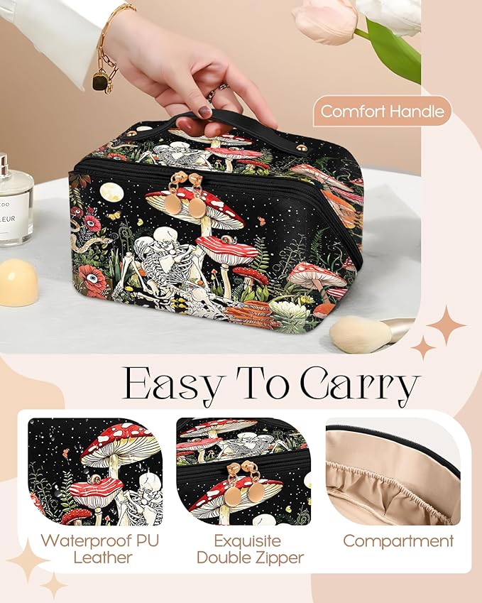 Bistup Makeup Bag Travel Cosmetic Bag Toiletry Make Up Bags Cute Women Large Capacity Big Medium Leather Mushroom Aesthetic Girl Teen Teenage Foldable Expandable Open Flat Zip