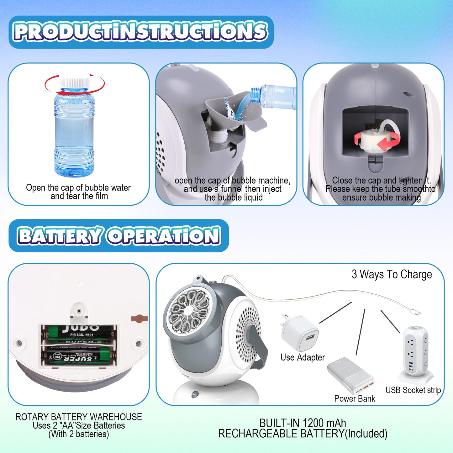 Big Bubble Machine - Automatic Bubbles Blower for Kids, Toddlers - 360° Oscillation & 75° Adjustment, Bubble Toys with LED Light - Gifts for Boys, Girls, Easter, Outdoor, Birthday, Party Use