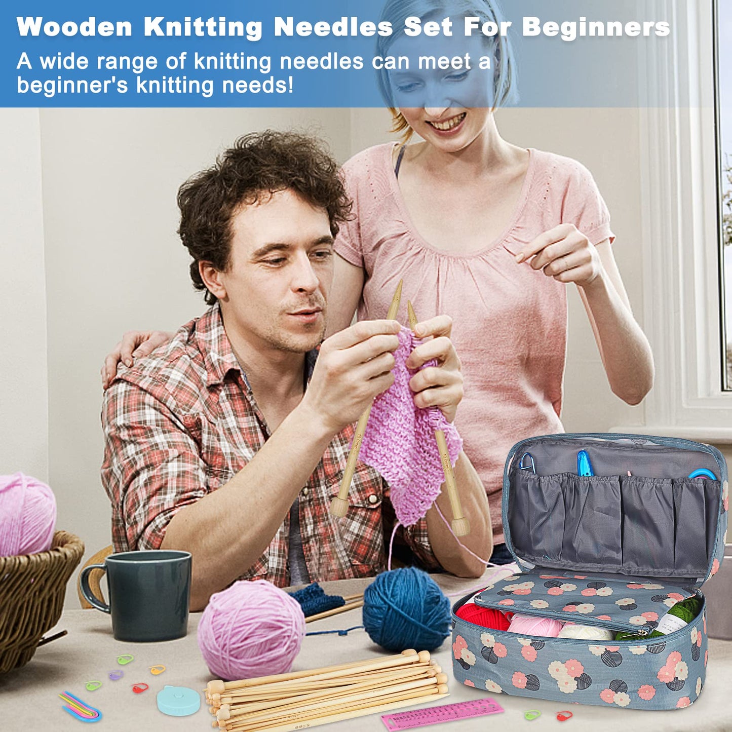 Coopay Knitting Kit for Beginners 71pcs | 2mm-10mm Single Pointed Knitting Needles Set | Bamboo Knitting Set with Yarn | Straight Knitting Needles, Storage Case, Knitting Accessories, Knitters Gifts