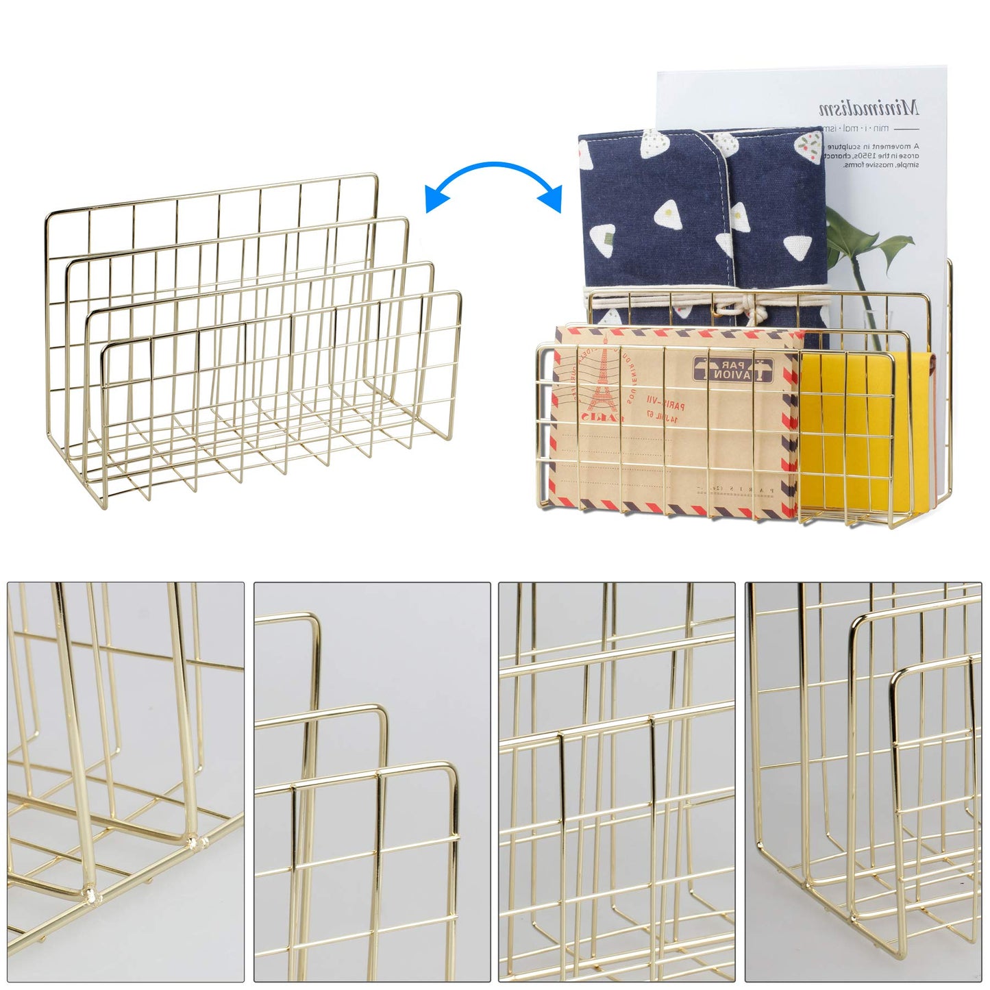 YiePhiot Desktop Mail Organizer File Organizer Metal Wire Mail Sorter Letter Organizer Magazine Rack for Letters, Mails, Books, Postcards, Brochures, Mail Holder (3 Slot, Gold)