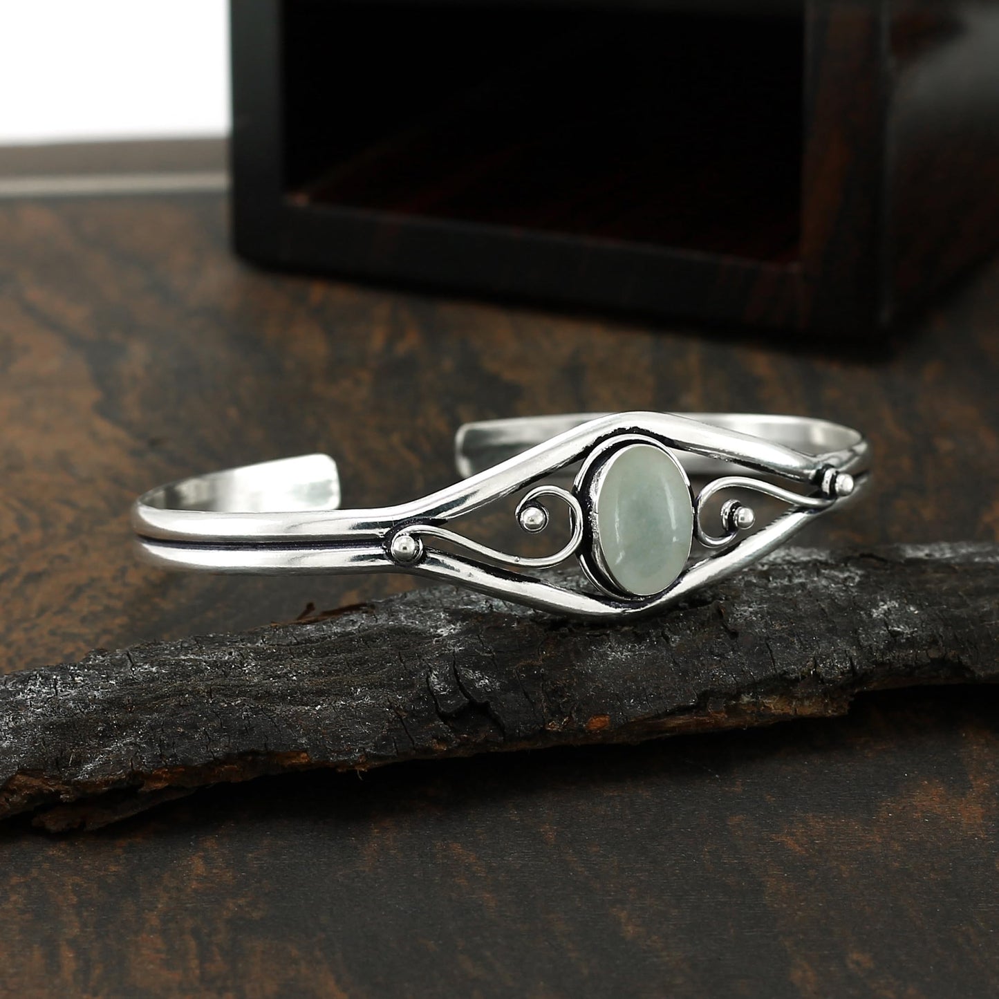 925 Silver Plated Natural Aquamarine Cuff Bangle Bracelet for Women – Handmade Open Bangle – Green Gemstone March Birthstone Statement Jewelry – Gift for Her
