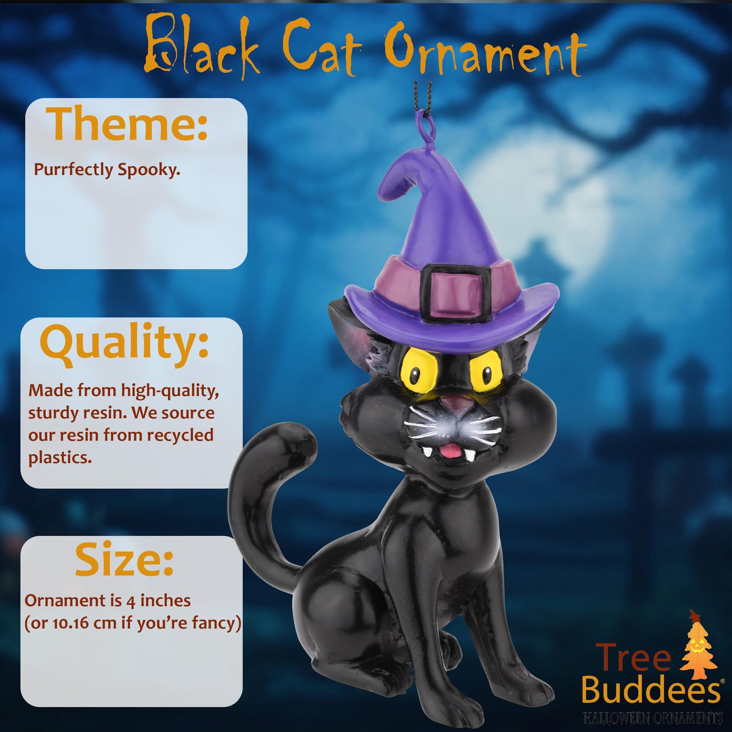 Tree Buddees Black Cat with Witches Hat Halloween Ornament