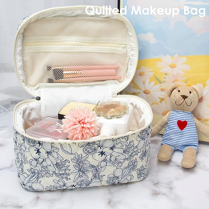 PAZIMIIK 3PCS Makeup Bag SET Large Travel Quilted Zipper Soft Cosmetic Case Pouch for Women Girls Make Up,Flower White