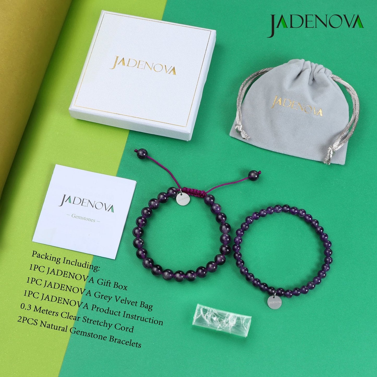 JADENOVA 6/8mm Natural Amethyst Gemstone Bracelet Elastic Stretch Yoga Beaded Healing Crystal Bracelet Couples Gifts for Men Women (2pcs Set)