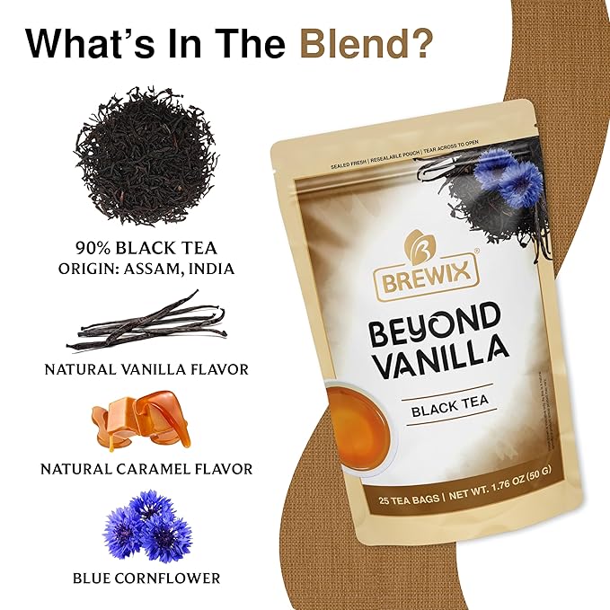 BREWIX, Vanilla Caramel Dessert Tea (25 Pyramid Black Tea Bags) | Naturally Flavored, Caffeinated & Sugar-Free | A Cozy & Indulgent Brew for Anytime Cravings