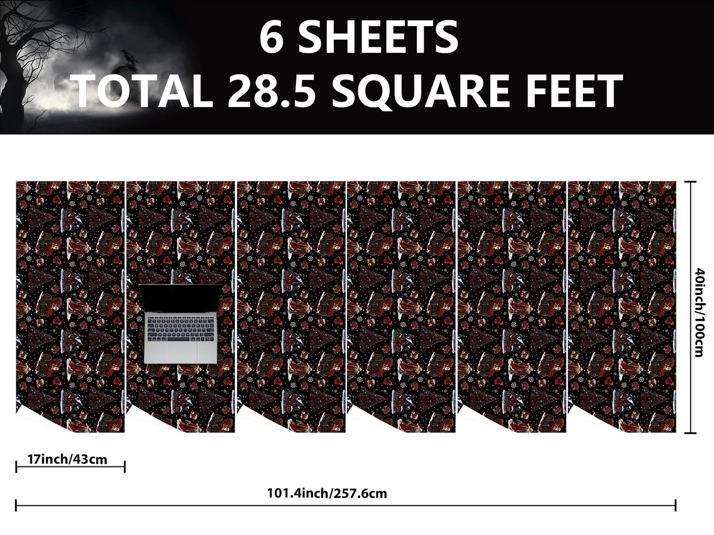 Dtiafu Gothic Christmas Wrapping Paper Roll Black Horror Christmas Santa Claus Skeleton Design Xmas Gift Wrap for Winter Halloween Holiday Party Celebration - Total 28.5sq.ft