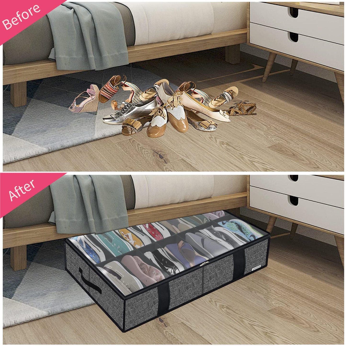 Onlyeasy 2 Pack Under Bed Shoes Storage Bag Organizer (14+4 Pairs), Collapsible Shoe Boot Container with Handles, Underbed Storage Solution for Kids & Adults, 86x60x15cm, Linen-like Black, MXAUBS14S4