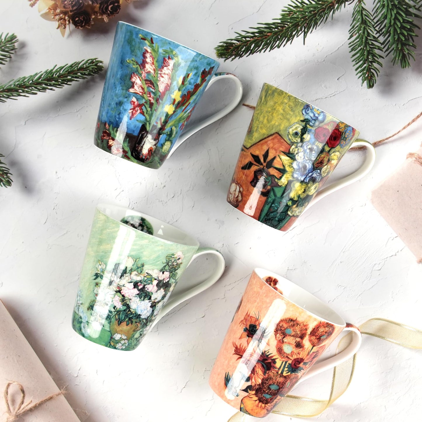 AOTELIDA Coffee Mug Sets of 4, 12oz Bone China Porcelain Cups with Art Print Large Handle Dishwasher Microwave safe for Tea Cocoa or Hot Chocolate