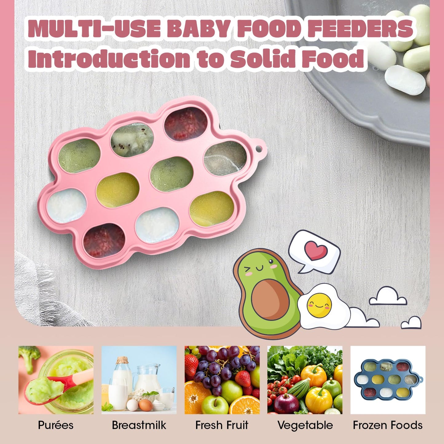 Baby Food Feeder Set, 2 Packs Fruit Feeder & Breastmilk Popsicle Molds Freezer Tray with Lid, Silicone Fruit Feeder to Teething Relief, Introduce New Foods, Baby Feeding Essentials(Red+Beige)