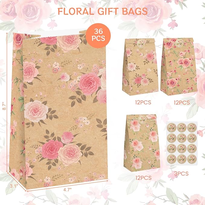 VGOODALL 36 Pack Gift Bags with Stickers, 4.7x3.1x8.7 Inch Floral Party Favor Treat Bags for Wedding Baby Shower Birthday Bulk Gift Packaging Supplies