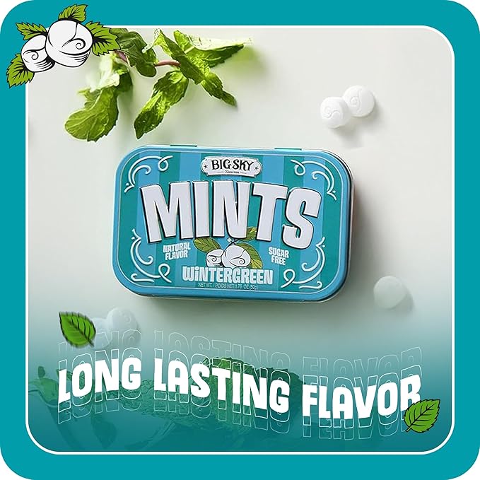 Big Sky Sugar Free Wintergreen Mint Candy, 50g Tin - 6 Count Display Tray