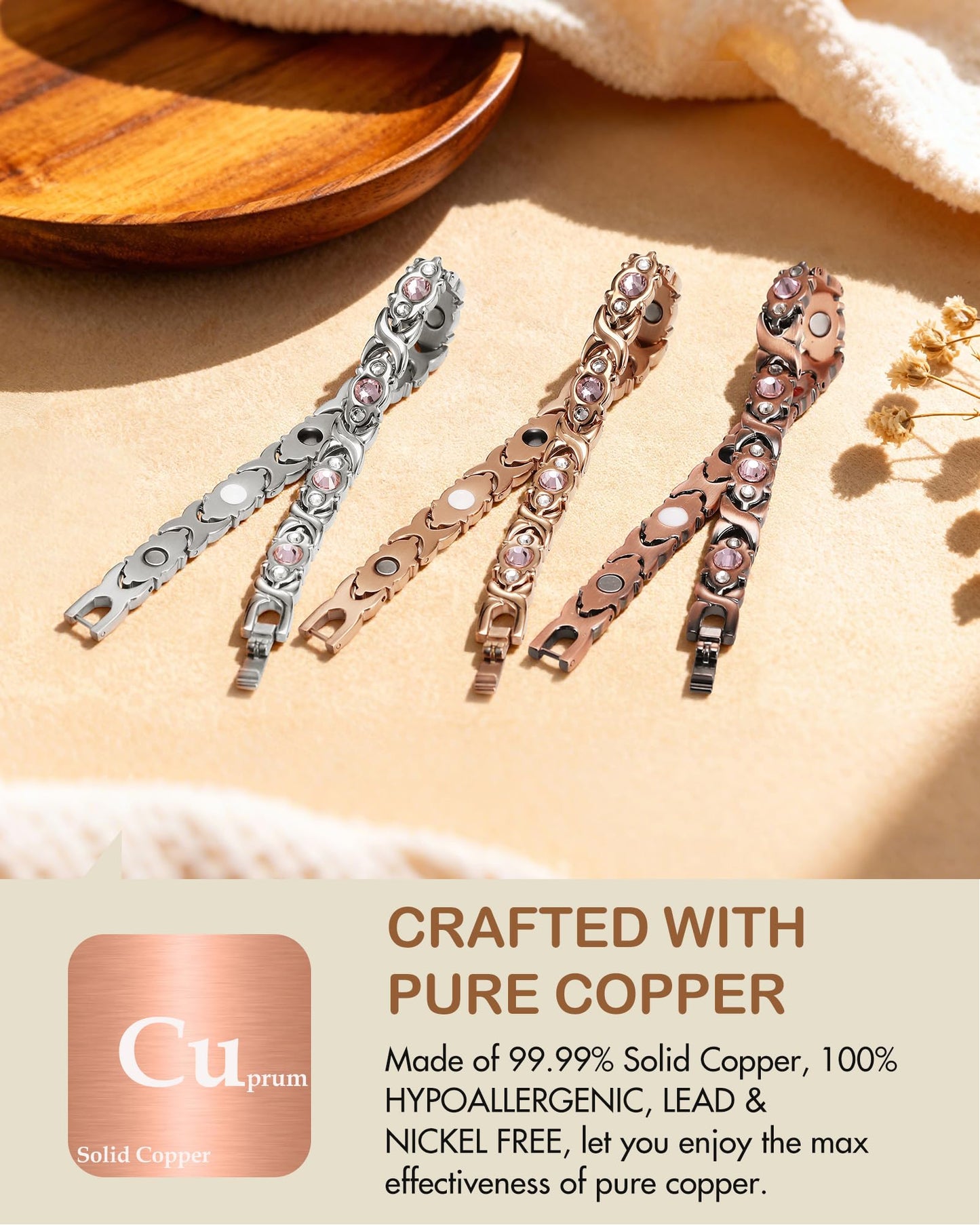 Feraco Pure Copper Bracelets for Women, 4 Elements Magnetic Bracelet with 3800 Gauss Neodymium Magnets & Dazzling Crystals, Adjustable Jewelry Gift (Rose Gold)
