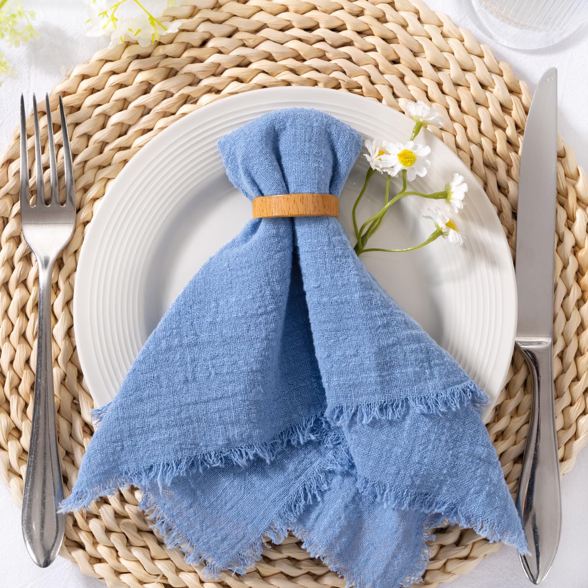 MLMC 6 Pack Dusty Blue Cloth Napkins with Fringe Boho Linen Napkins Washable Reusable Rustic Dinner Table Decor 17"×17" for Wedding Party Bridal Baby Shower Home Decor