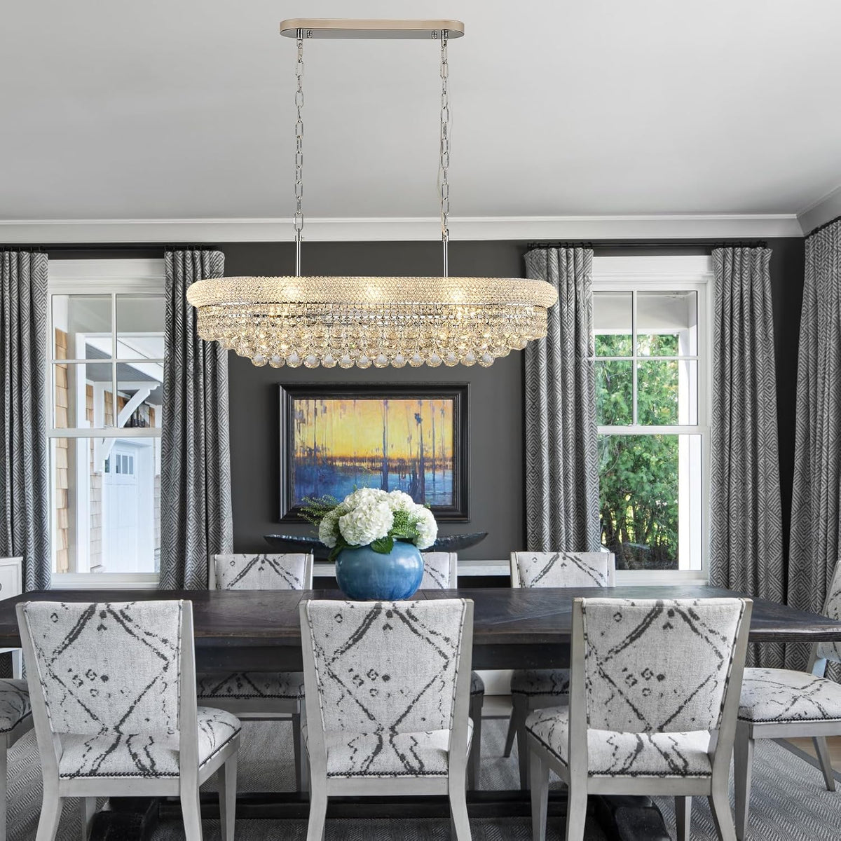 Rectangular Crystal Chandeliers for Dining Room,10 Lights Adjustable Height Oval Crystal Ceiling Light Fixture for Kitchen Island, Chrome Finish, L36''