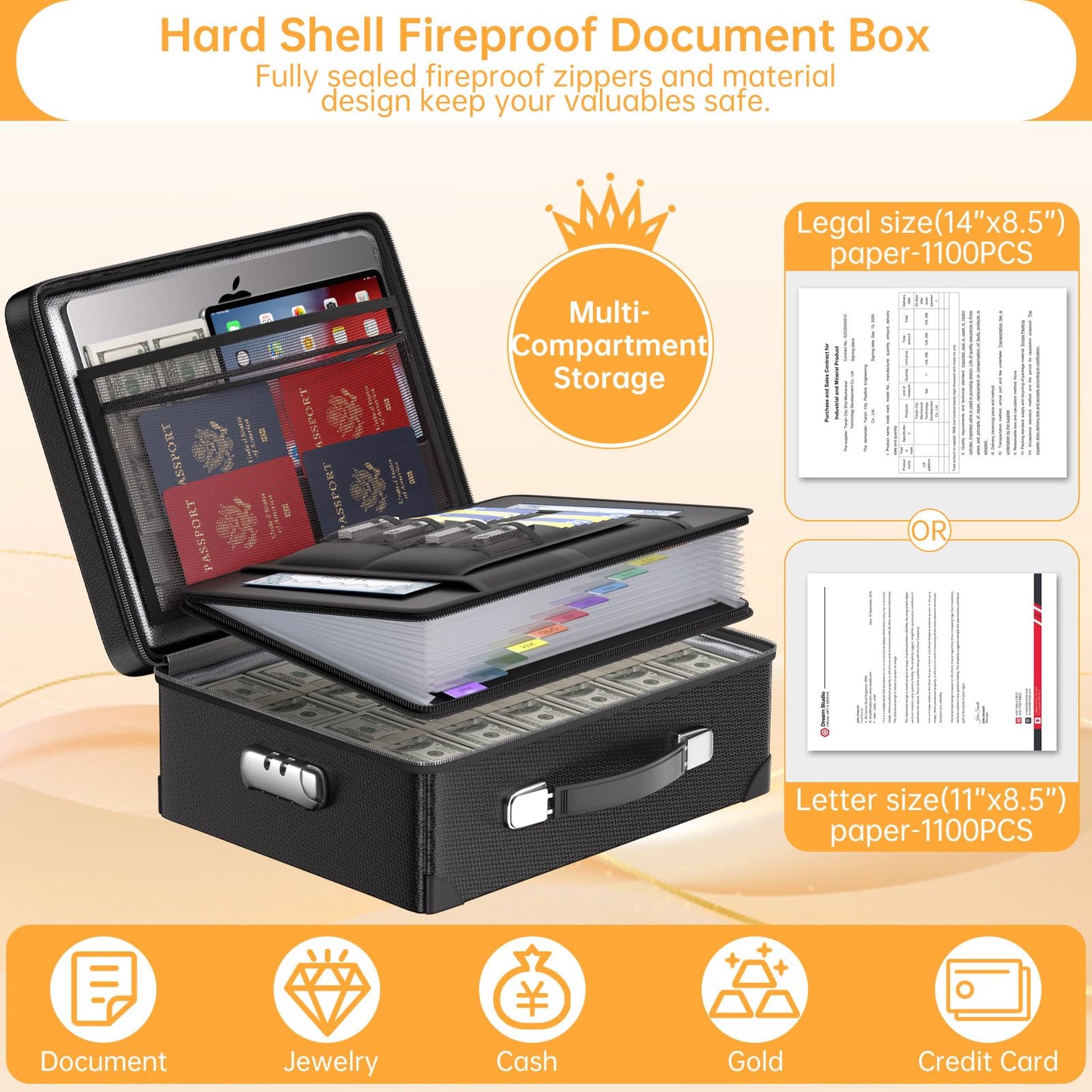 DocSafe 6400°F Fireproof Document Box with Lock,Heat Insulated Fireproof Water Resistant 10 Layers Hard Case Safe Box with Zipper＆Multi Pockets,Protects Personal Items,Documents,Laptop,Passport,Black