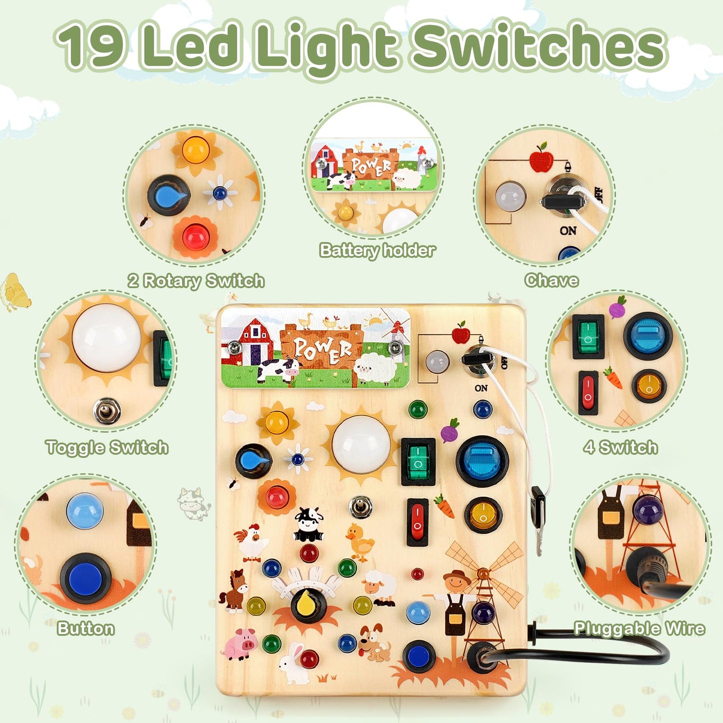 LED Busy Board for Toddlers 1-3,Montessori Toy with Key Switch, Light Up Wood Activity Sensory Board for Fine Motor Skills, Educational Travel Toy Gift for 1 2 3 Year Old Boys Girl