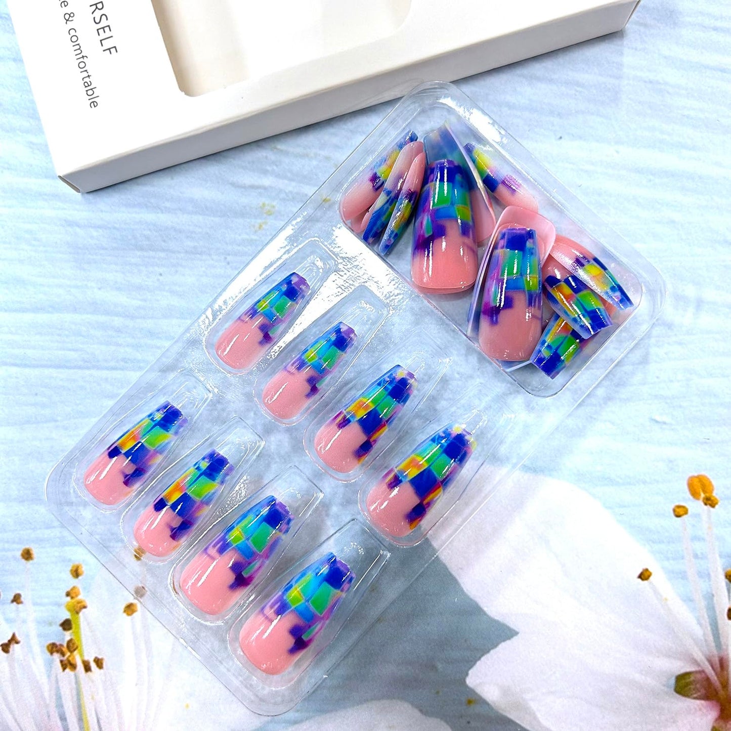 CJDLTS Press on Nails Long Ballet Shaped Colorful Geometry Smudge Pattern Design Full Cover Glossy Acrylic Fake Nail French Artificial Fingernail Ballet Press Ons Stick on Nails for Women 24Pcs