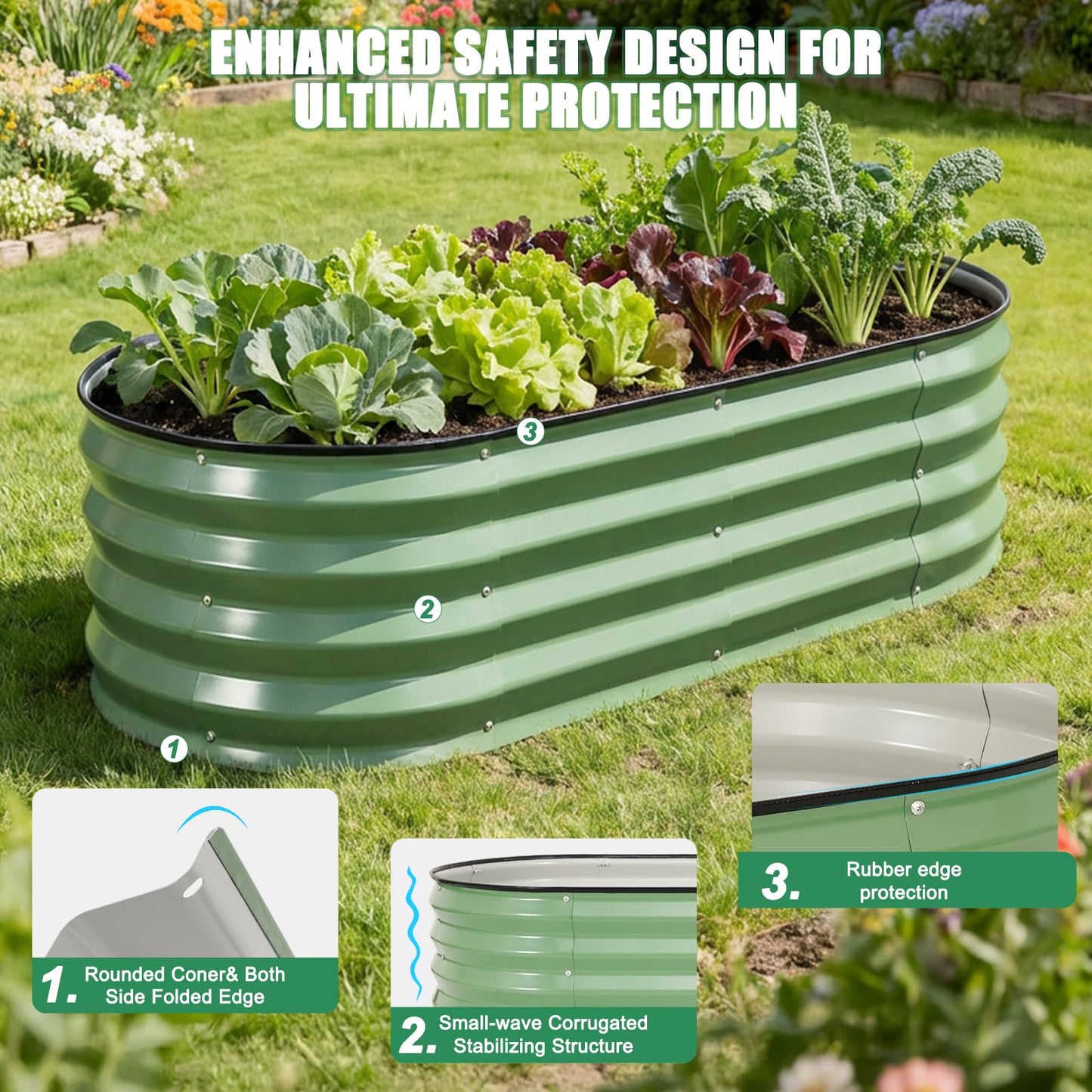 STBoo Galvanized Raised Garden Bed Outdoor, 2Pcs 4x2x1ft Oval Planter Box with Rubber Strip, Metal Raised Bed Kit for Vegetables Flowers Herbs, Olive Green