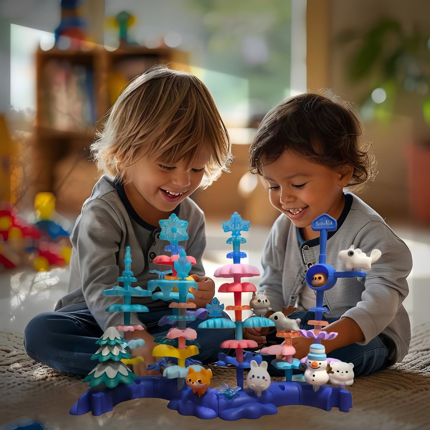 PSDVAYI Snow Garden Stacking Toys for 3 4 5 6 Years Old Toddlers, 79 PCS Creative Construction Building Toys Educational STEM Christmas Birthday Easter Gift for Kids Age 3+