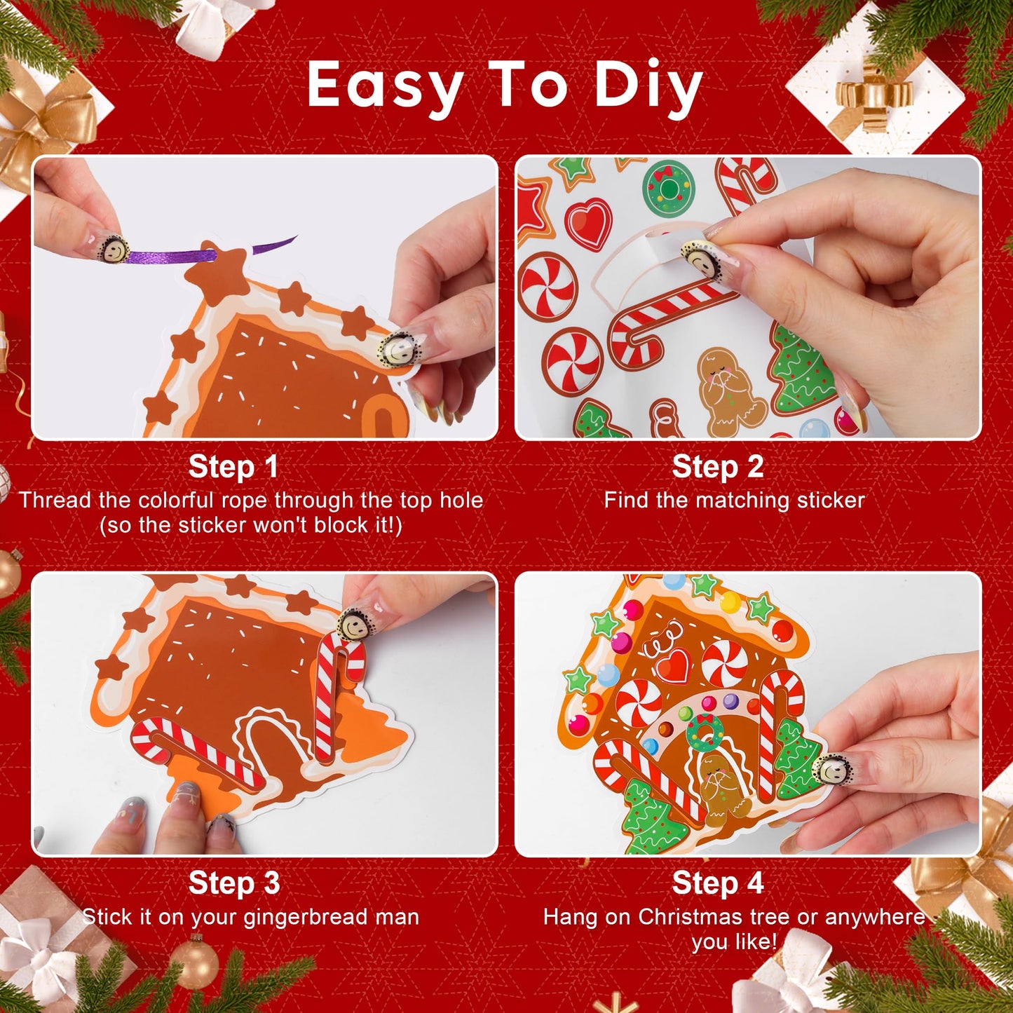 Christmas Ornament Craft Kits for Kids - DIY Gingerbread Christmas Decorations, 24PCS Set with 8 Festive Designs Including Gingerbread Man, Tree, Stocking, Stickers & Strings for Xmas Party Favors