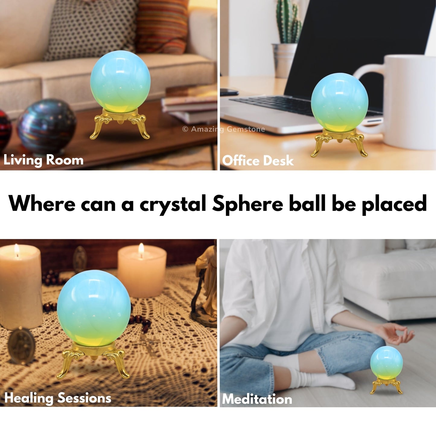 Amazing Gemstone Opalite Crystal Ball with Stand - 2" Inches Crystal Sphere Meditation Balls for Witchcraft and Decorative Balls