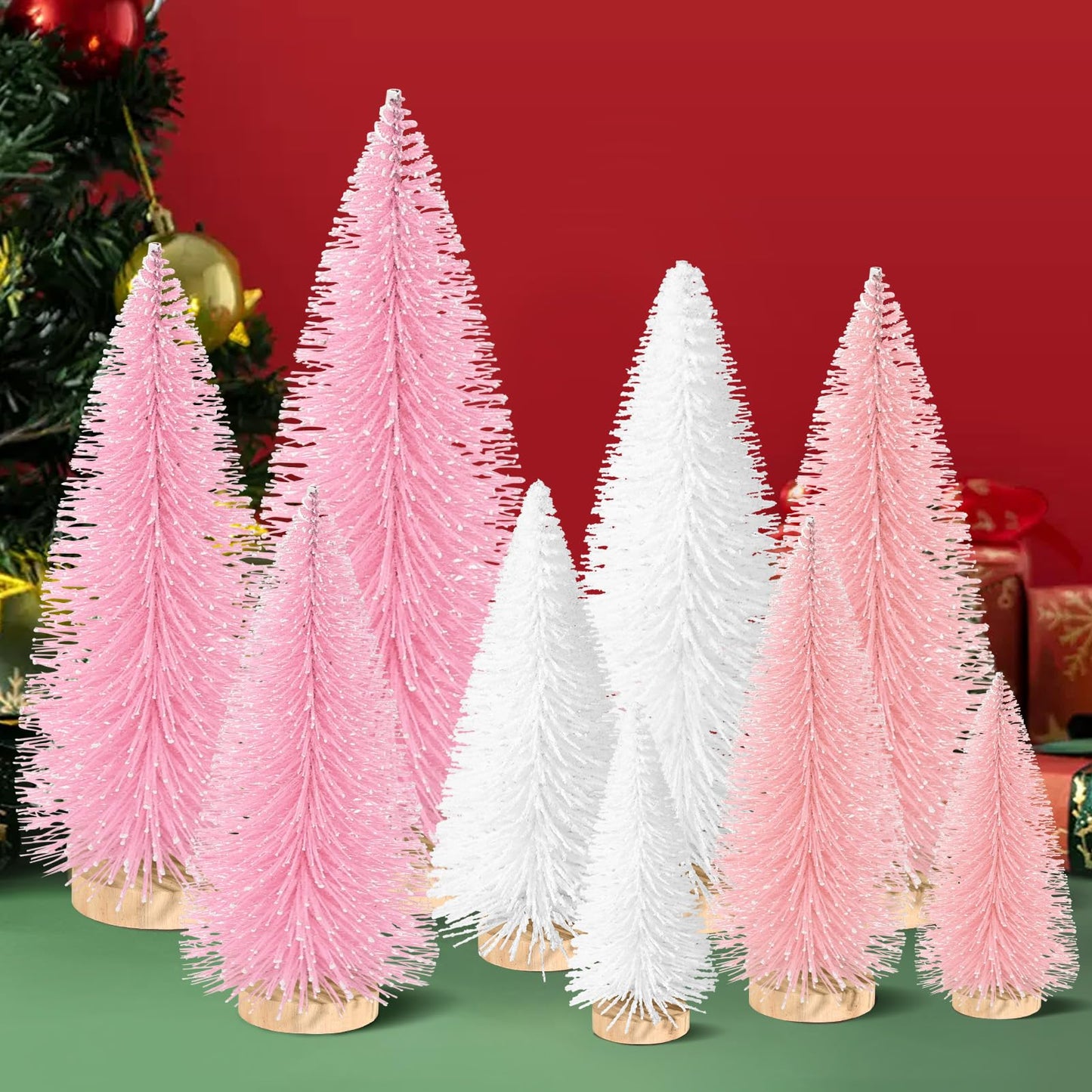 9Pcs Mini Christmas Trees Christmas Decor Artificial Christmas Decorations with 4 Sizes, Christmas Tree Bottle Brush Trees Christmas Table Decorations (Pink Light Pink White)