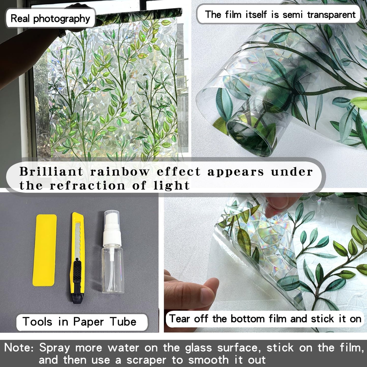 Window Privacy Film Rainbow Window Film – Decorative Static Cling Window Sticker with 3D Stained Glass Effect（35.4 x 78.7 inch） Includes 3 Installation Tools