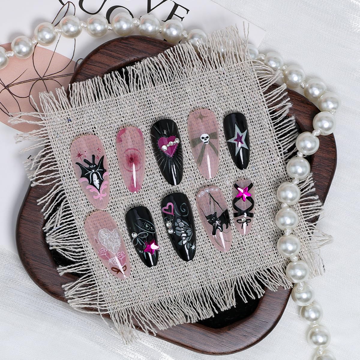 24Pcs Halloween Press on Nails Almond Medium Fake Nails Y2k Bat Cat Heart Star Rhinestone Design Gothic Acrylic Nails Black Pink Glue on Nails Bow False Nails Halloween Artificial Nails for Women
