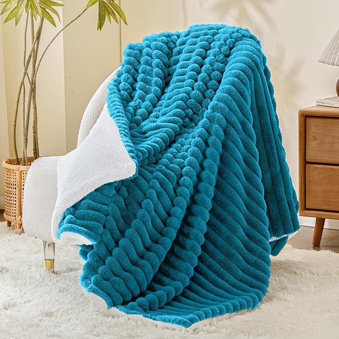 INFIIXSO Sherpa Throw Blanket for Couch - Super Soft & Warm Striped Fleece Blanket, Cozy Plush Fluffy Blanket All Season Use (Teal, 60x80 Inches)