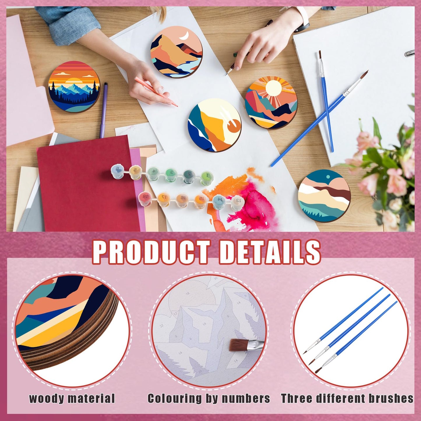 Reallnaive 8 Pcs Mountain Paint by Numbers Kit for Adults Cute Coasters with Holder Mini Paint by Numbers Kits Round Oil Painting Drink Coaster for Small DIY Craft Birthday Gift