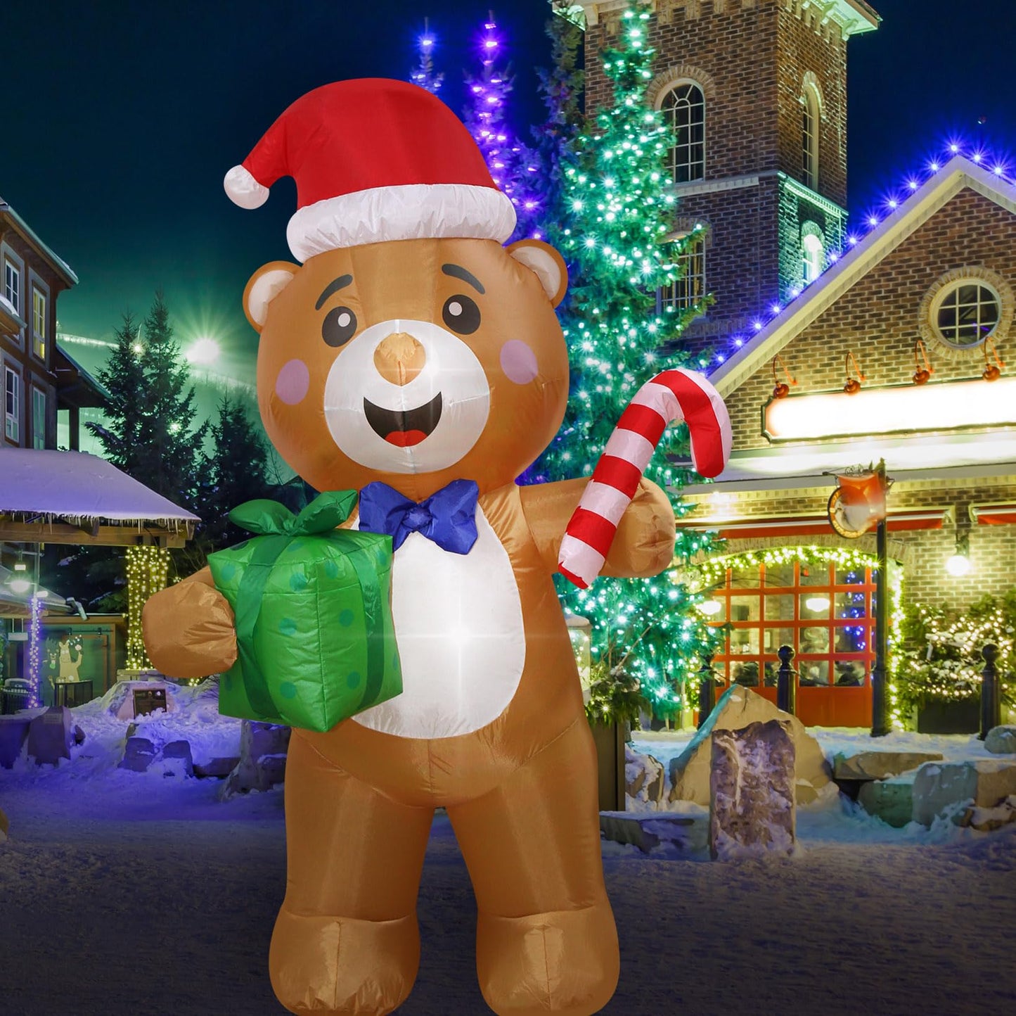 Christmas Inflatables Bear Gift Box Candy Cane Lighted Yard Lawn Inflatable Decoration with Built-in Fan and Stakes Ropes Holiday Party Decor, Christmas Decor (5FT-Bear Holds Giftbox & Candy Cane)