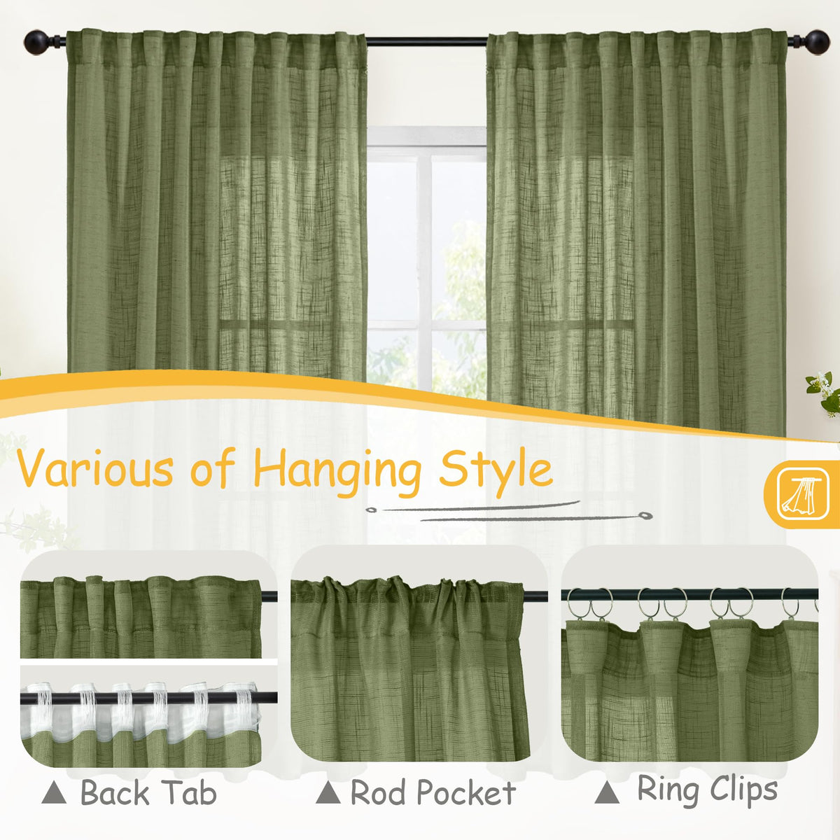 Olive Green Linen Curtains 45 Inch Length (2 Count)