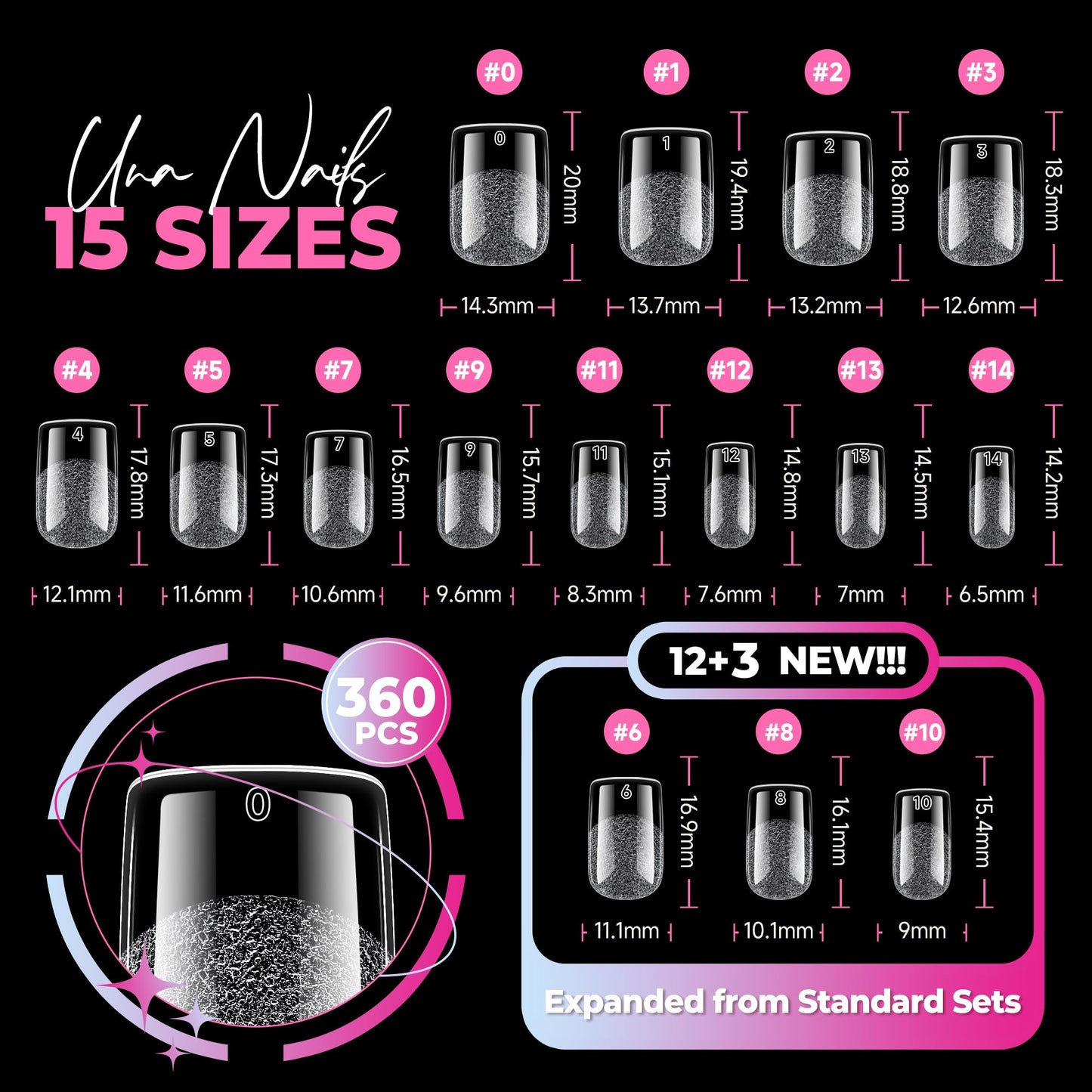 UNA GELLA Short Square Nail Tips 360Pcs, 15 Sizes No Filing Needed Soft Gel Nail Tips Square Short, Clear Full Cover Pre-Buffed Acrylic Nail Extensions, Soak Off False Nails for DIY Salon