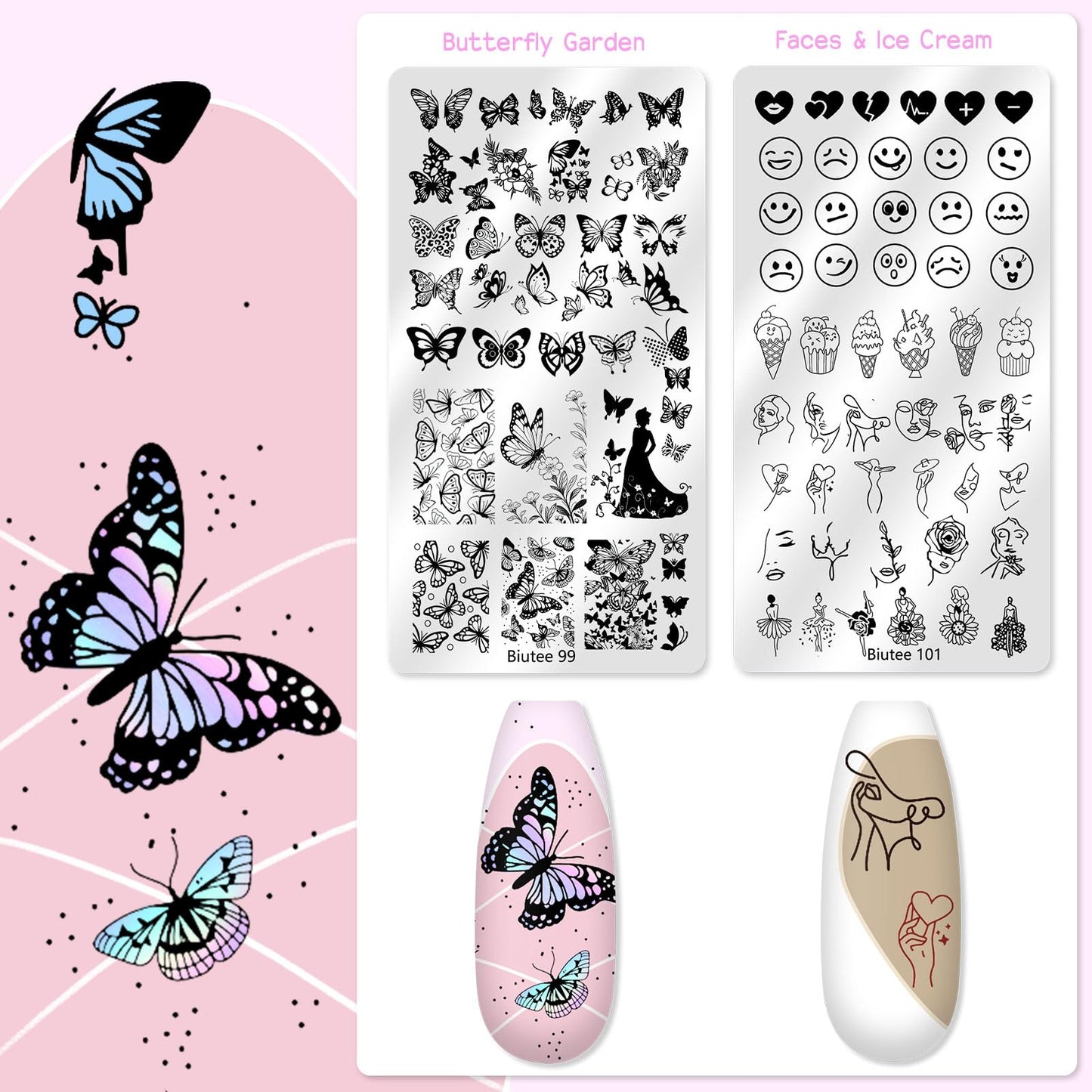 Biutee Nail Stamping Plate 16Pcs Nail Stamper Kit 12Pcs Nail Art Stamp Plates with Silicone Stamper, Scraper & Storage Bag, Stamping Plates Star Plaid Flower Butterfly Template Holiday Design Gift