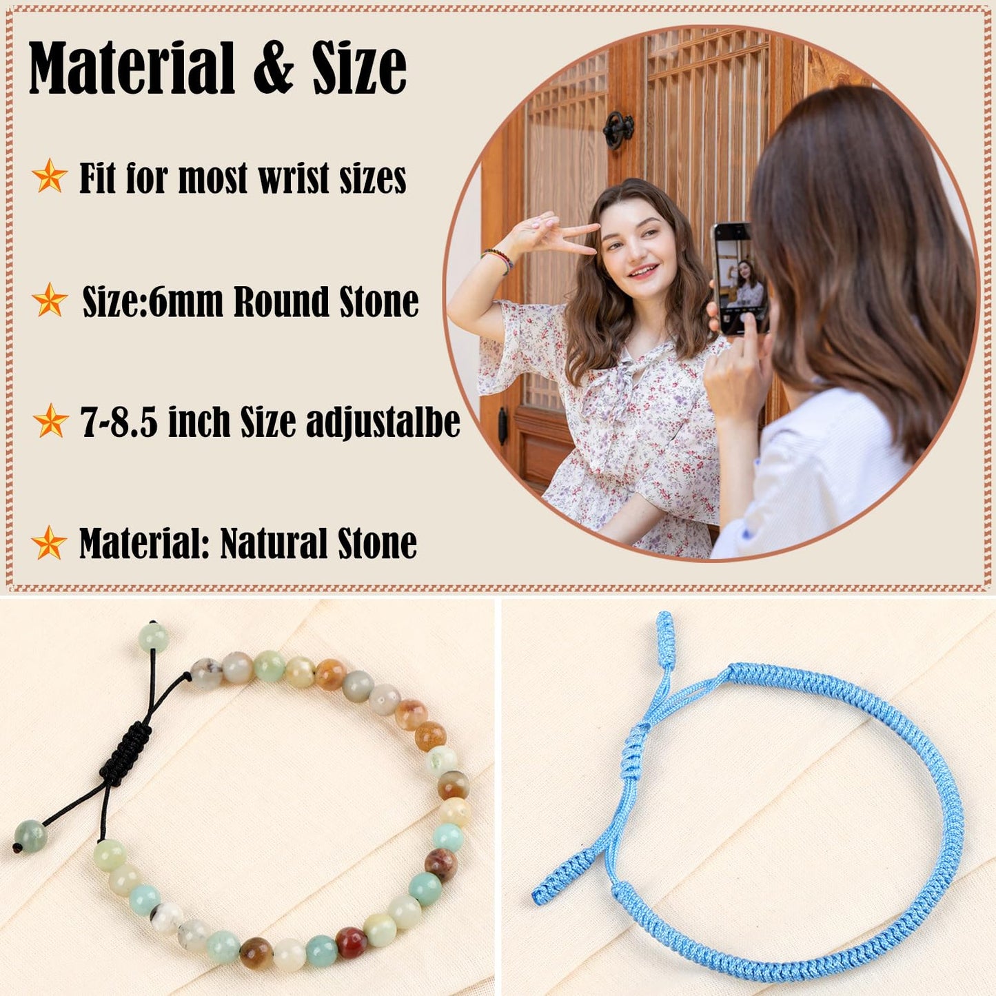 LPBeads 6mm Amazonite Bracelet with Handmade Rope Bracelet Size Adjustable Natural Stone Crystal Healing Bracelets Gifts for Unisex Adults