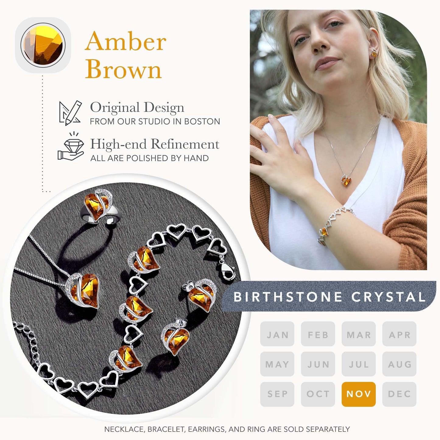 Leafael Infinity Love Heart Gift Bracelet for Women, November Birthstone Crystal, Amber Brown, Silver Tone, 7-inch Chain and 2-inch Extender