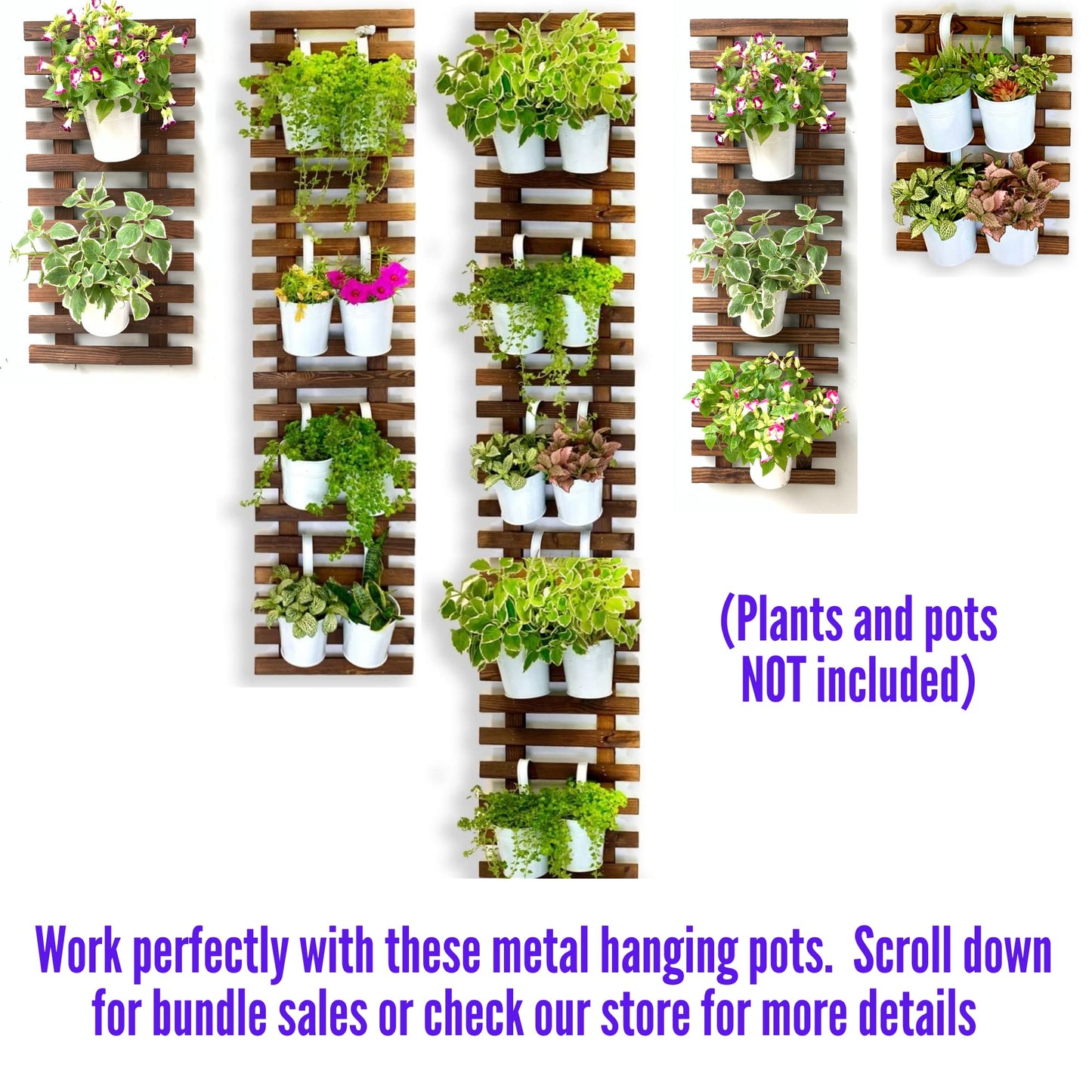 ShopLaLa Bundle- 5 Pack Set Wooden Plant Holder + 10 Pack, 5 Inch White Self Watering Plastic Pots Trendy Live Hanging Wall Mounted Indoor Vertical Hydroponic Garden System Large Rustic Shelves Frame