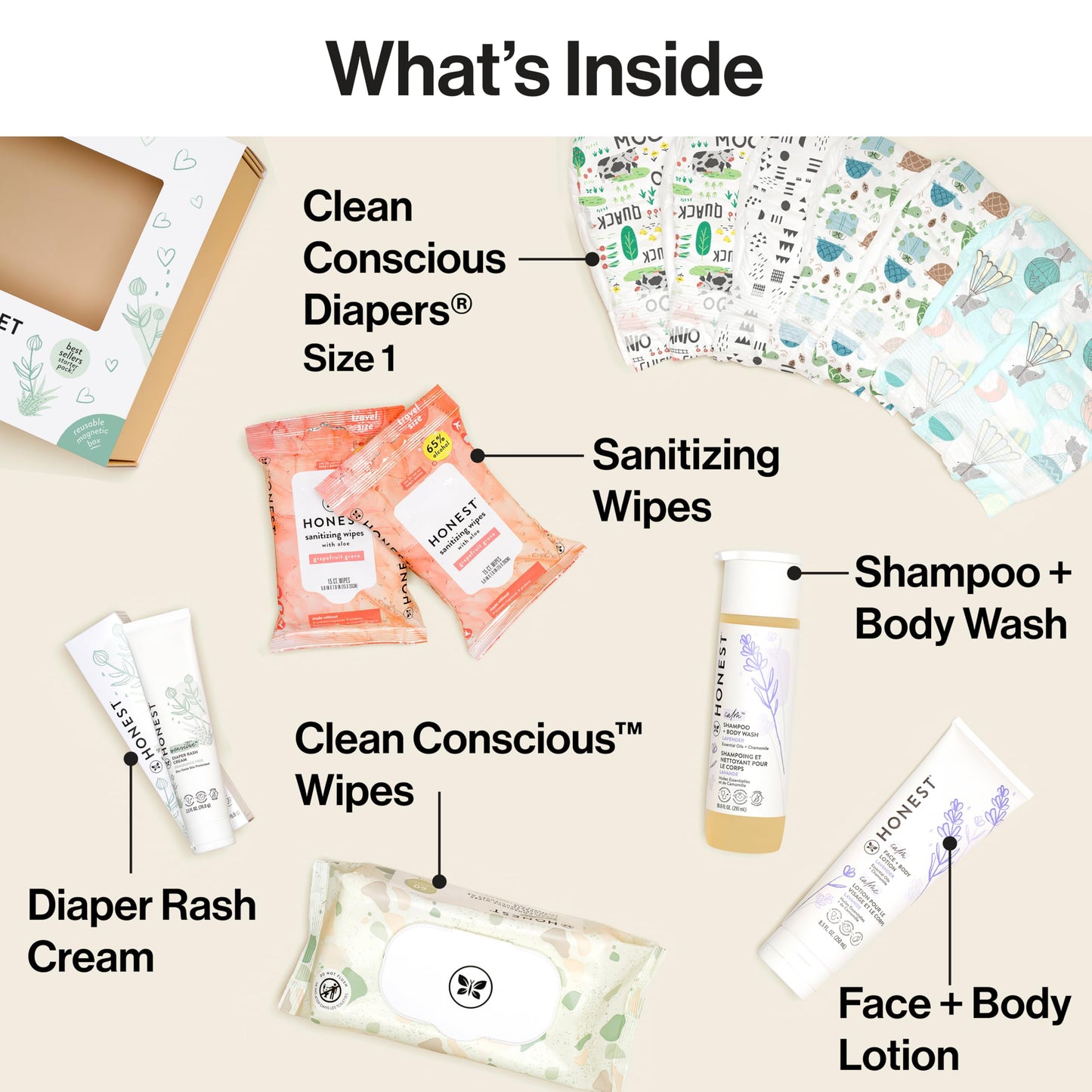 The Honest Company Baby Arrival Gift Set Newborn Essentials Welcome Box, Diapers Wipes Personal Care Diaper Rash Cream