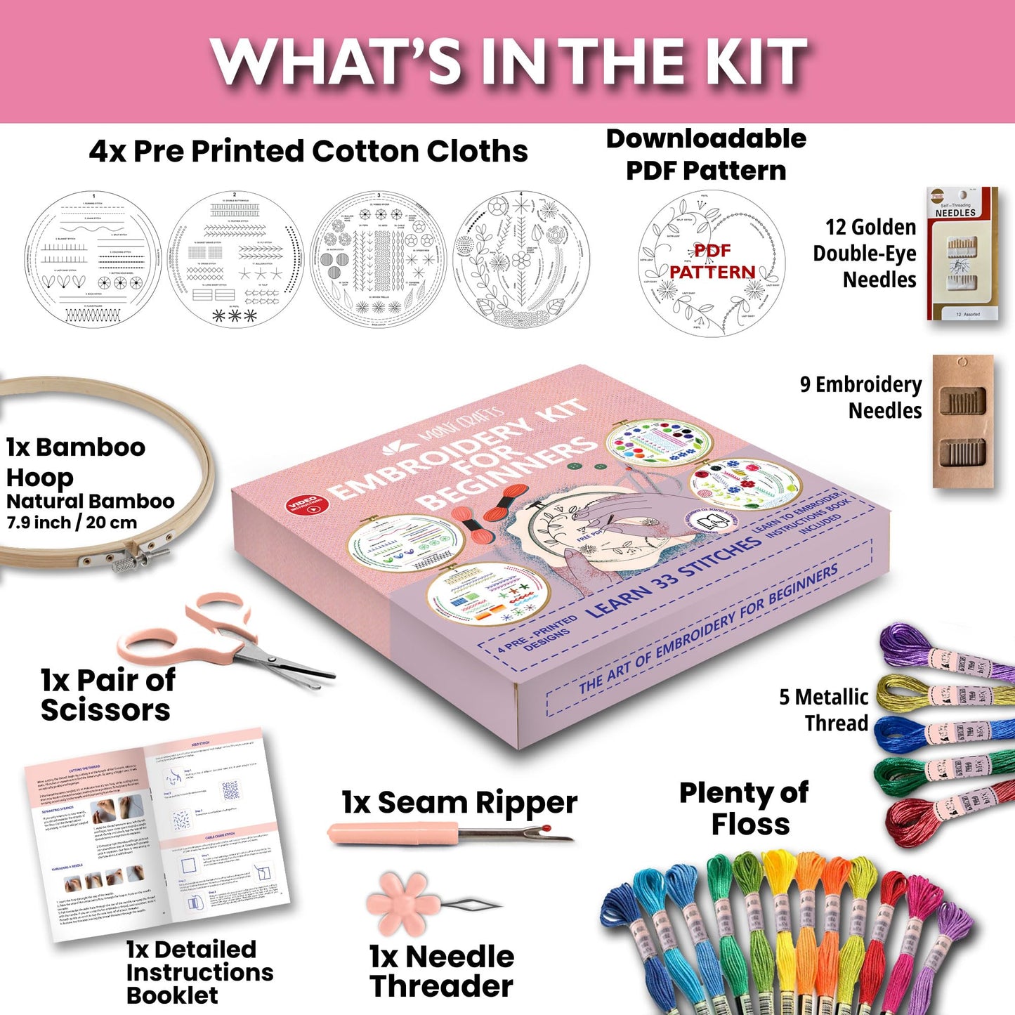 Moni Crafts Embroidery Kit for Beginners – DIY Hand Embroidery Set for Adults with 4 Stamped Patterns, Hoop, Threads, Needles and Step-by-Step Stitch Guide to Learn 33 Stitches