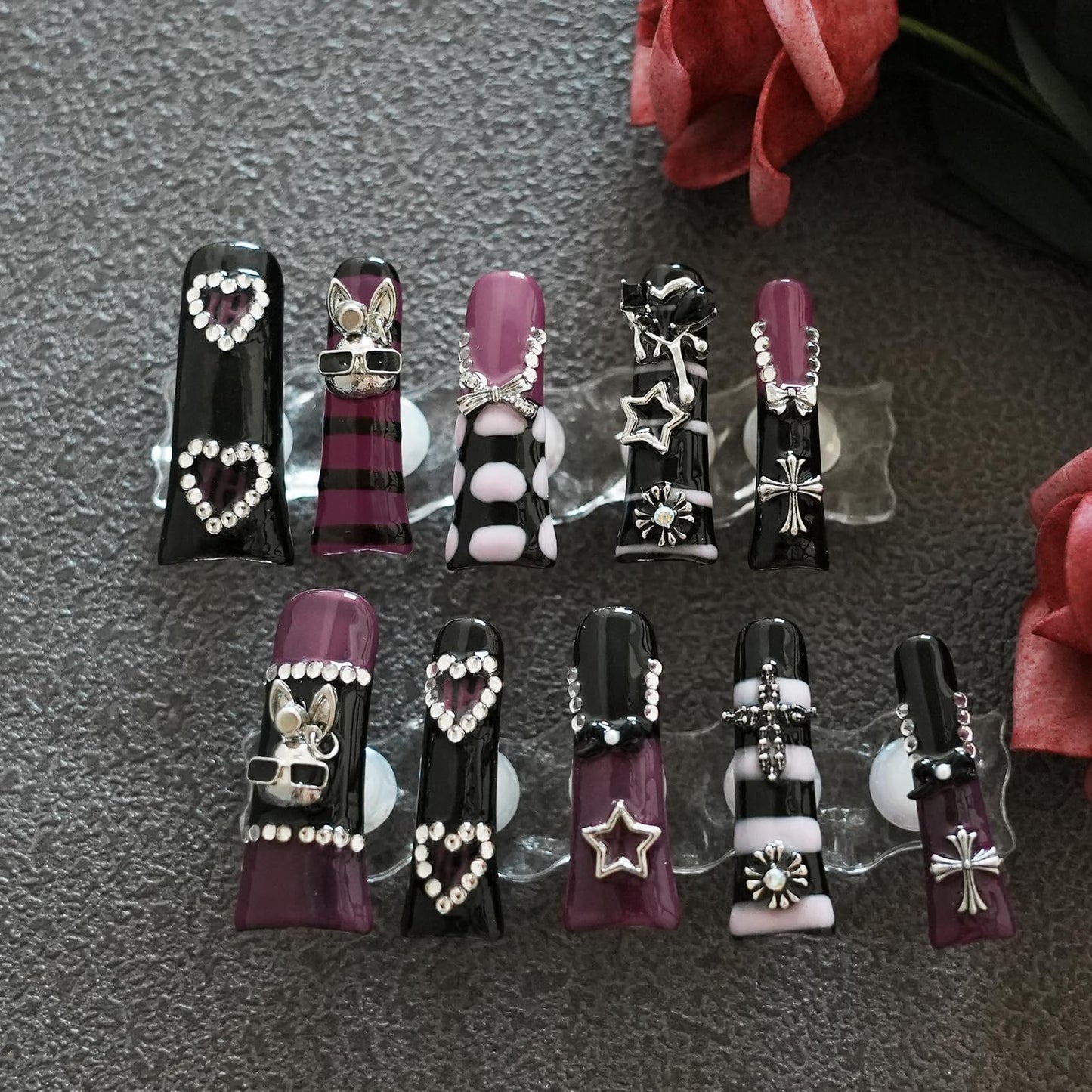 Tesytto Metallic Gothic Press on Nails Extra Long Duck - Black Purple Hot Pink with 3D Metal Cross, Star, Heart, Bow, Rabbit Charms for Parties (Dark Romance, S)