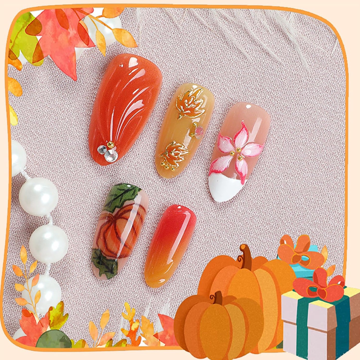 30Pcs Thanksgiving Maple Leaf press on Nails Medium Almond Artificial Acrylic Fake Nails French White Tip Gradient 3D Flower with Rhinestones Stick on Nail Full Cover Artificial Fingernails for Women